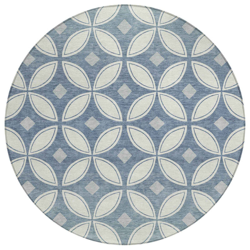8' Ivory And Blue Round Geometric Washable Indoor Outdoor Area Rug