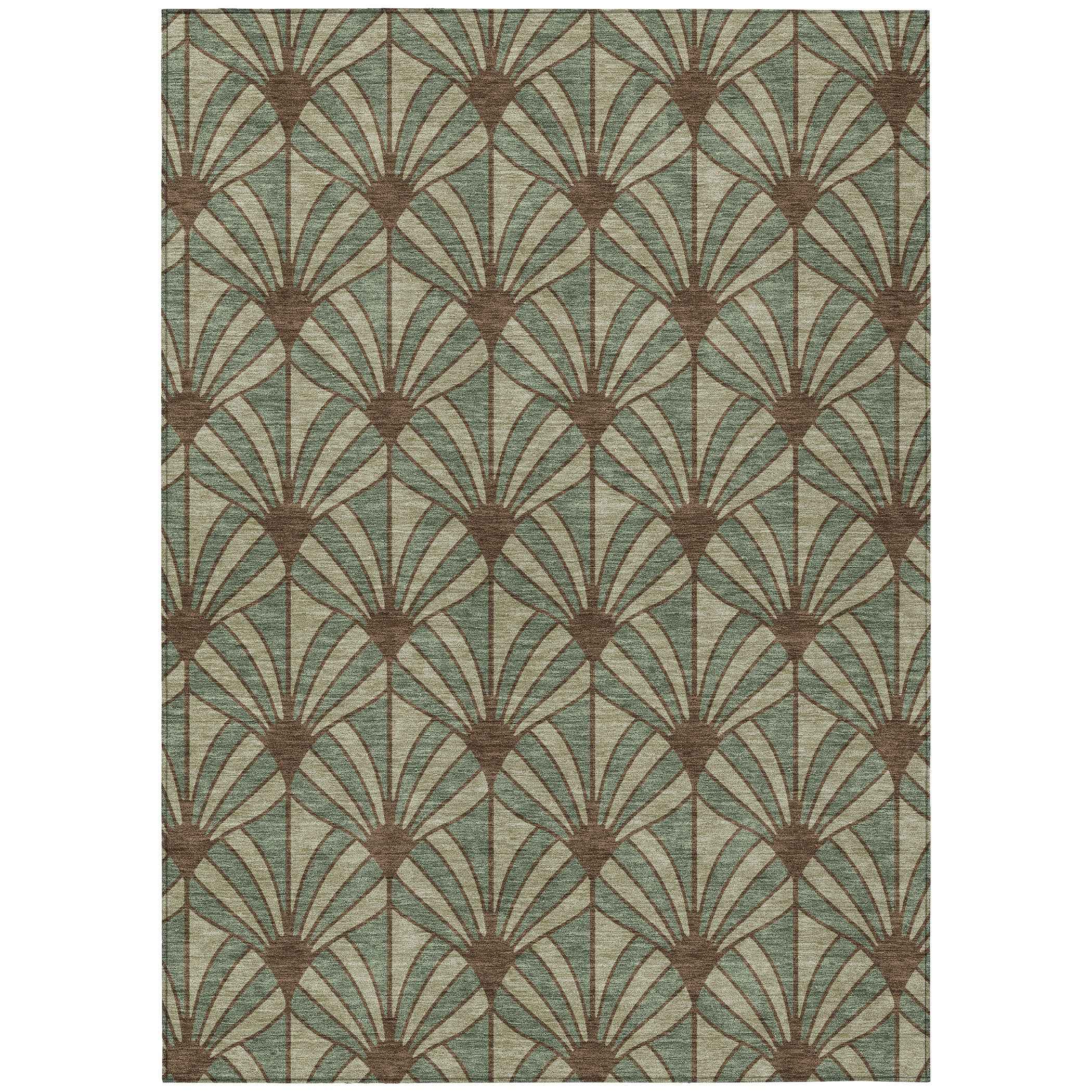 9' X 12' Artichoke Green Brown And Beige Seashell Washable Indoor Outdoor Area Rug