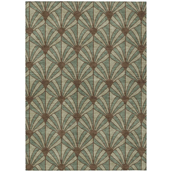 9' X 12' Artichoke Green Brown And Beige Seashell Washable Indoor Outdoor Area Rug