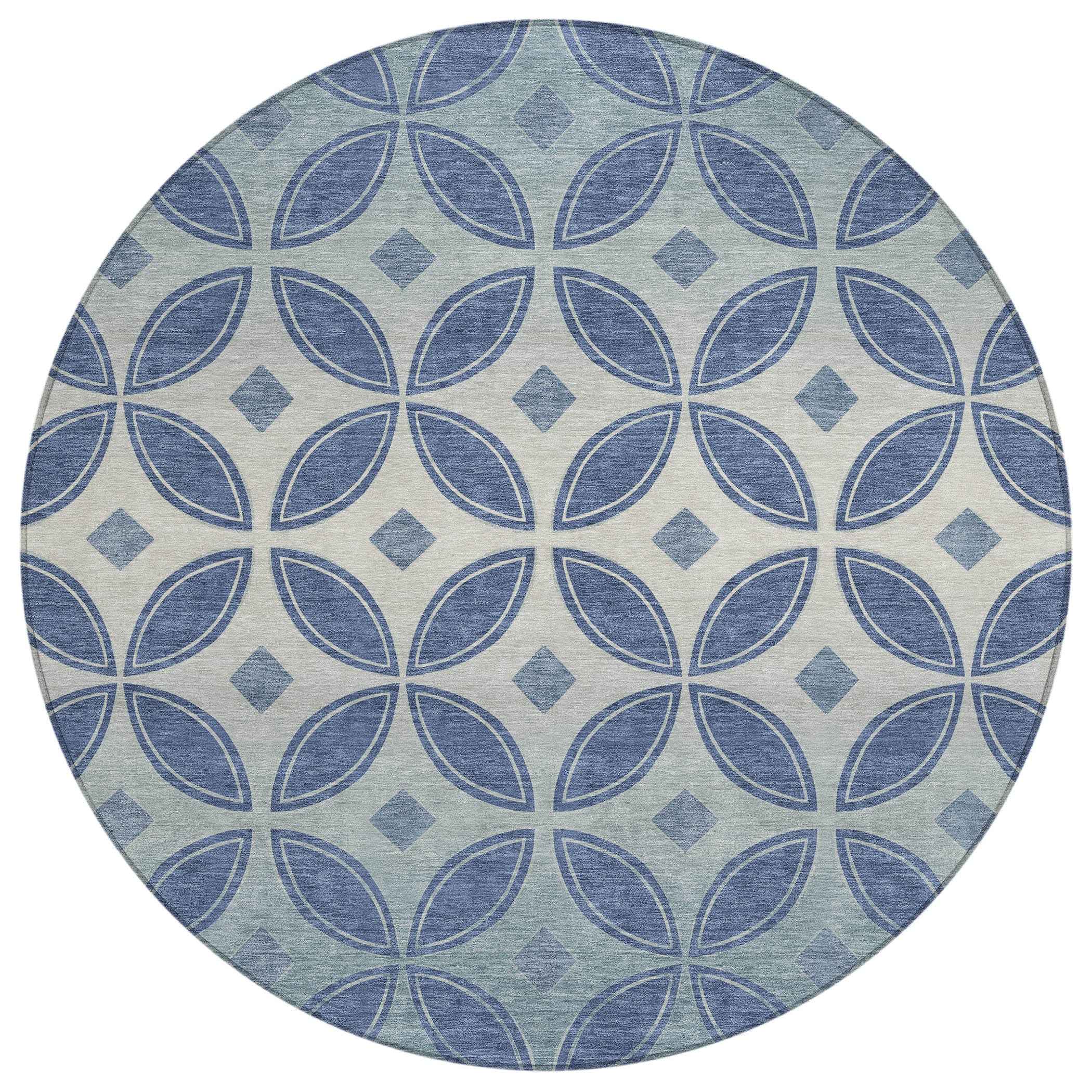 8' Teal Blue And Ivory Round Geometric Washable Indoor Outdoor Area Rug