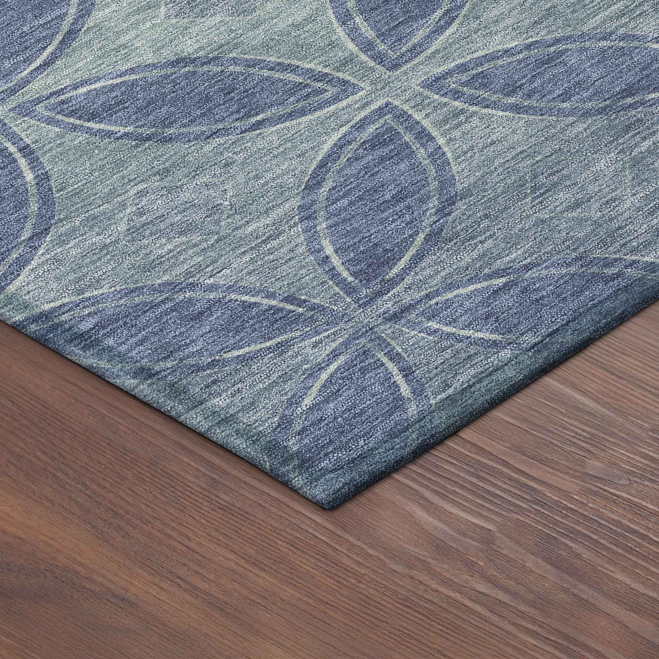 8' Teal Blue And Ivory Round Geometric Washable Indoor Outdoor Area Rug