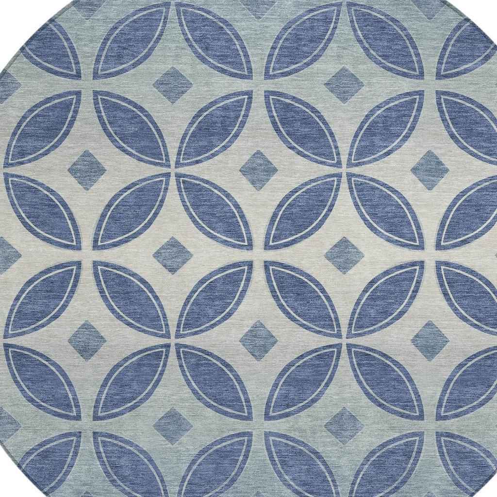 8' Teal Blue And Ivory Round Geometric Washable Indoor Outdoor Area Rug