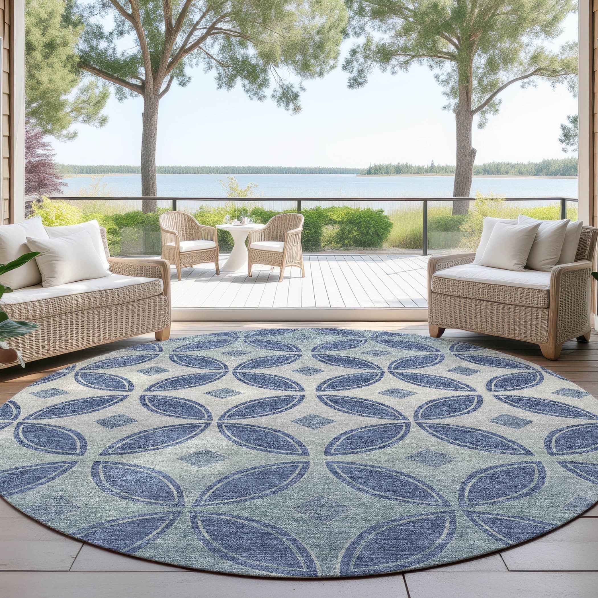 8' Teal Blue And Ivory Round Geometric Washable Indoor Outdoor Area Rug