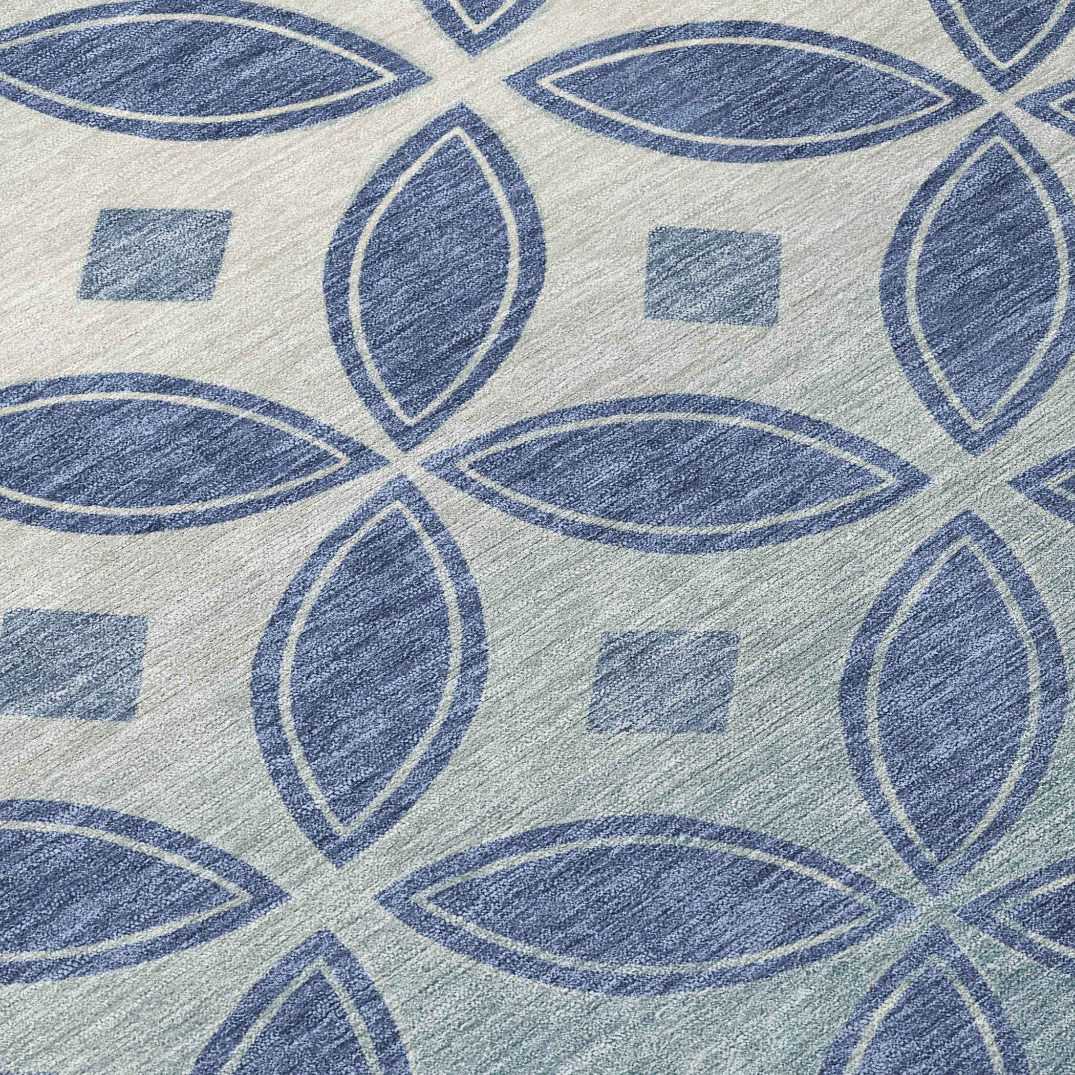 8' Teal Blue And Ivory Round Geometric Washable Indoor Outdoor Area Rug