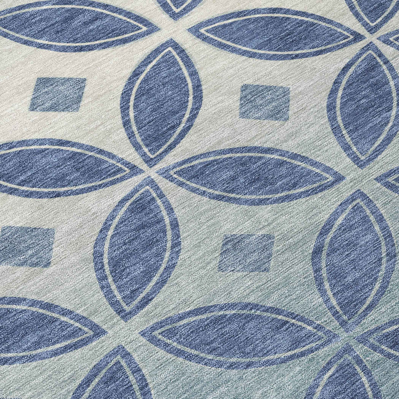 8' Teal Blue And Ivory Round Geometric Washable Indoor Outdoor Area Rug