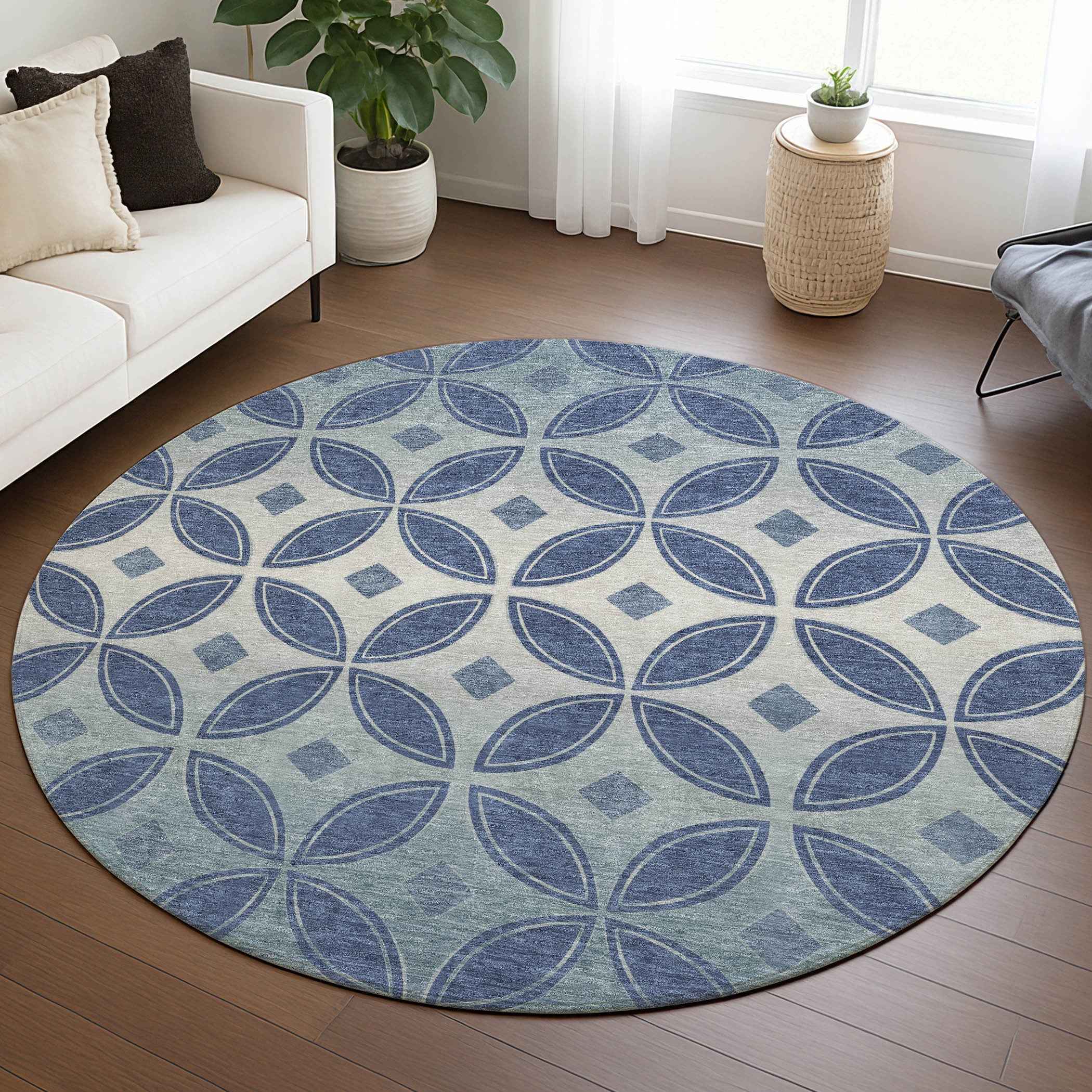 8' Teal Blue And Ivory Round Geometric Washable Indoor Outdoor Area Rug