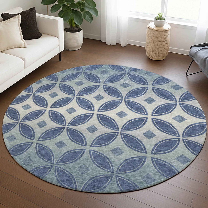8' Teal Blue And Ivory Round Geometric Washable Indoor Outdoor Area Rug