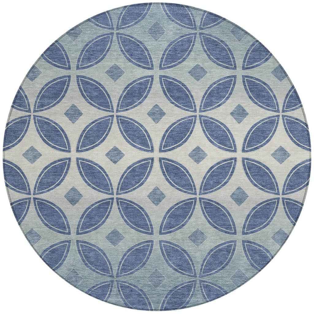 8' Teal Blue And Ivory Round Geometric Washable Indoor Outdoor Area Rug