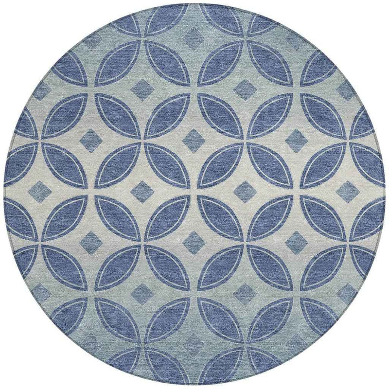 8' Teal Blue And Ivory Round Geometric Washable Indoor Outdoor Area Rug