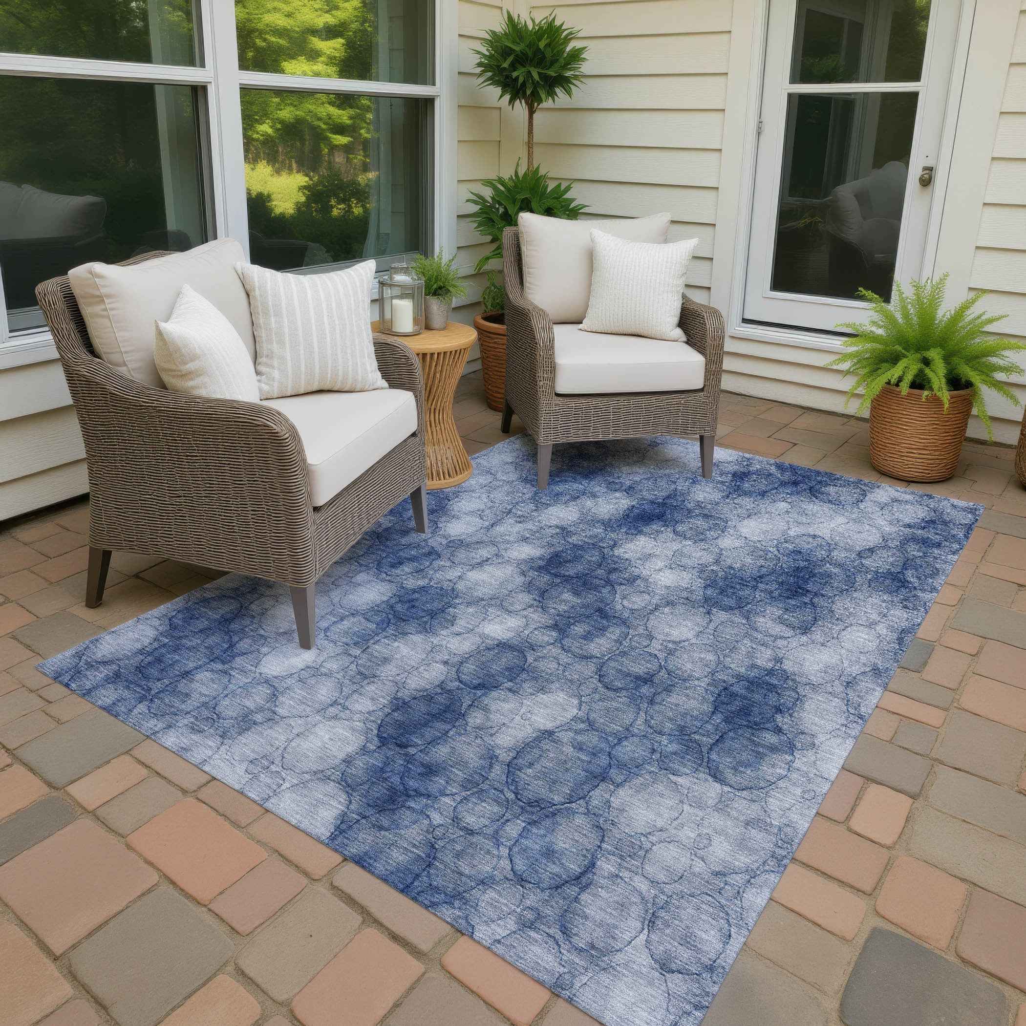 8' X 10' Navy Blue And Ivory Abstract Washable Indoor Outdoor Area Rug