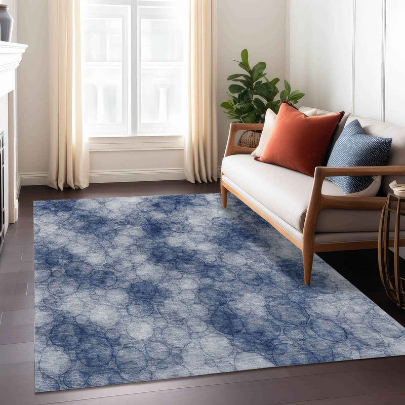 8' X 10' Navy Blue And Ivory Abstract Washable Indoor Outdoor Area Rug