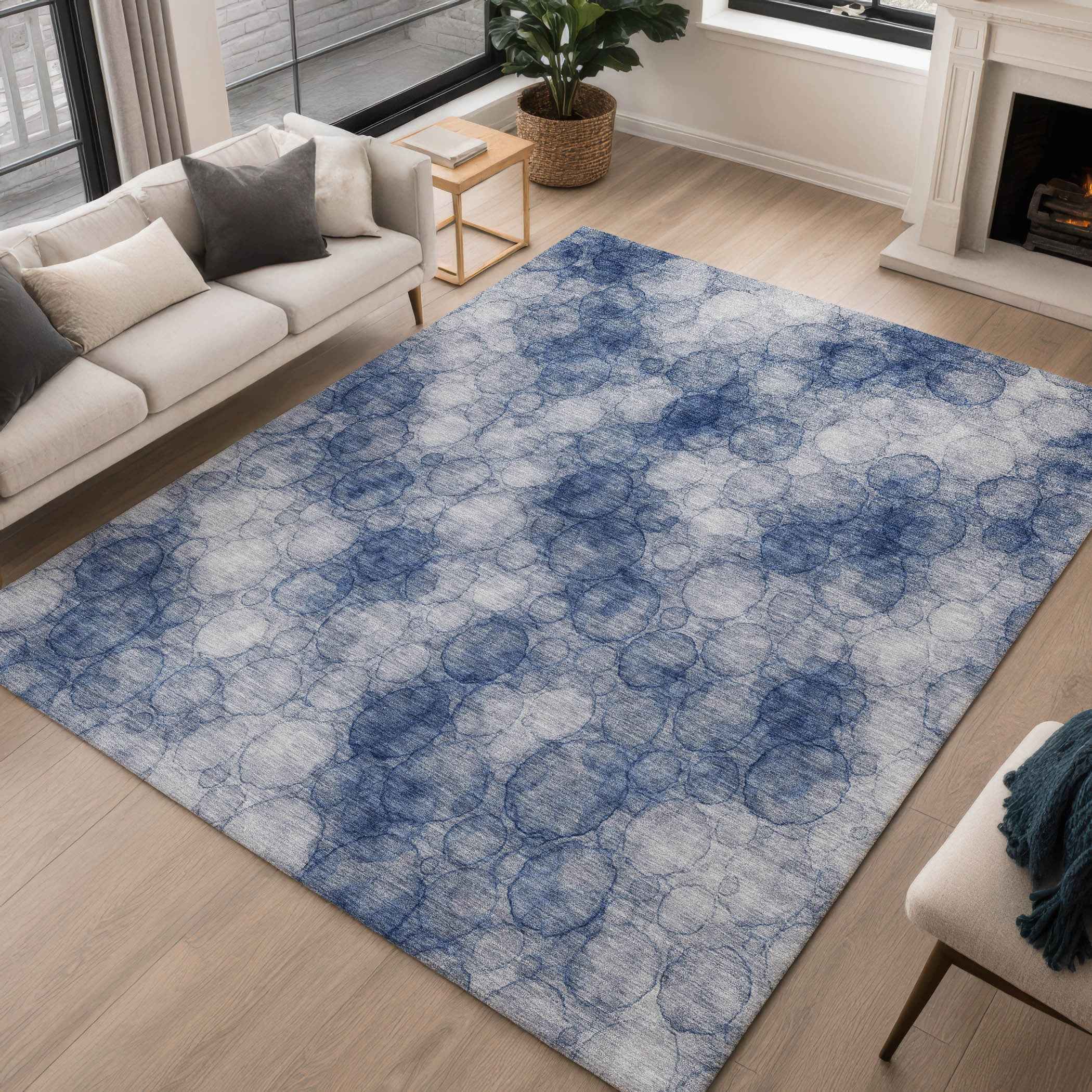 8' X 10' Navy Blue And Ivory Abstract Washable Indoor Outdoor Area Rug