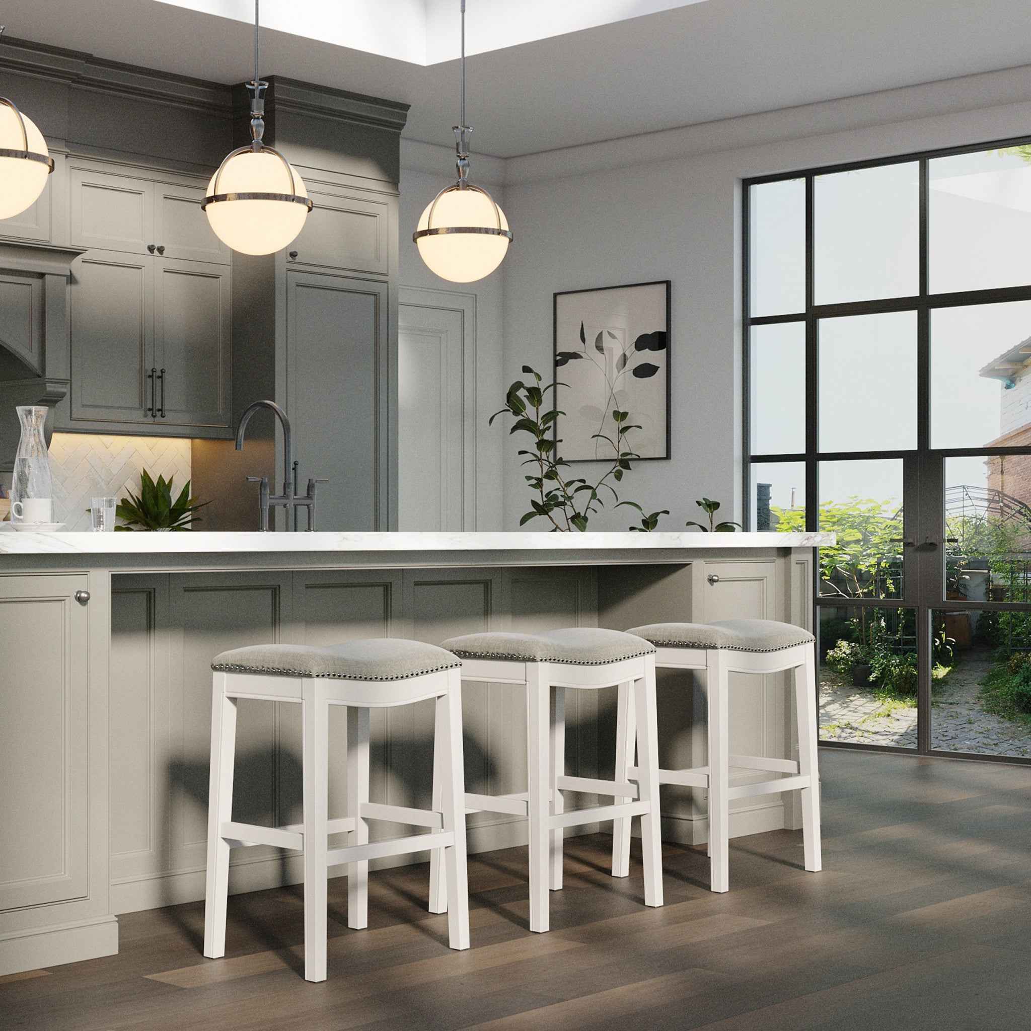 31" Light Gray And White Upholstered And Solid Wood Backless Bar Height Bar Chair