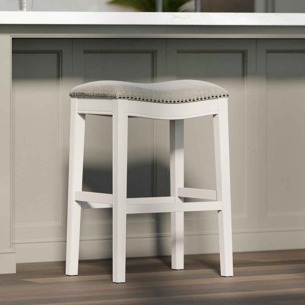 31" Light Gray And White Upholstered And Solid Wood Backless Bar Height Bar Chair