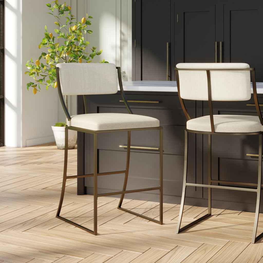 30" Beige And Antiqued Brass Steel Low Back Bar Height Bar Chair