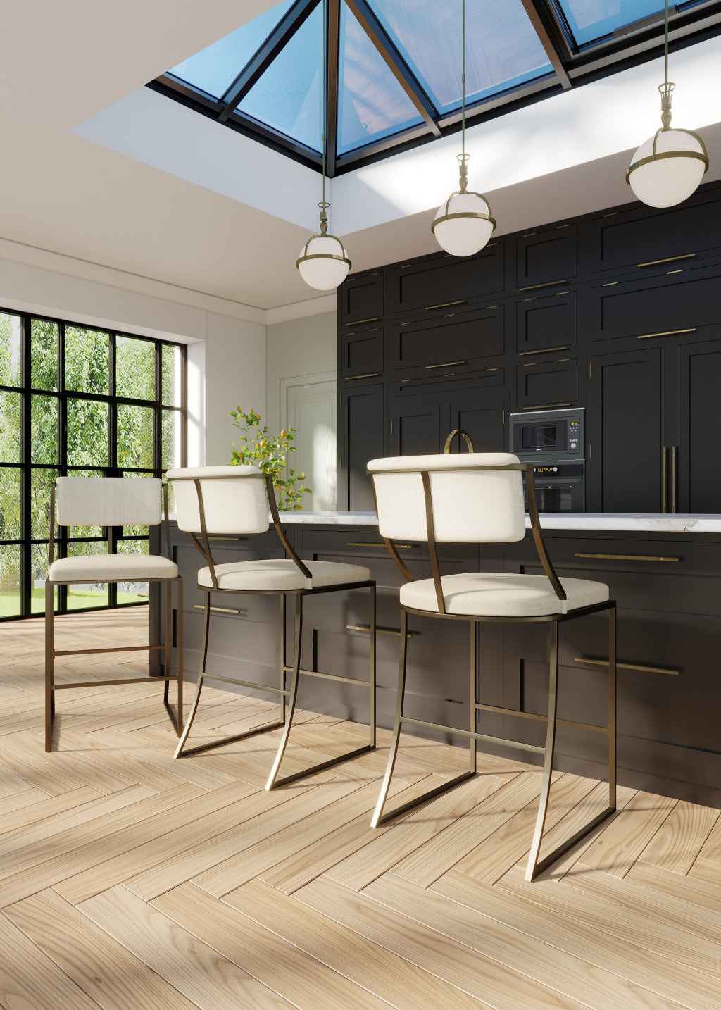 30" Beige And Antiqued Brass Steel Low Back Bar Height Bar Chair