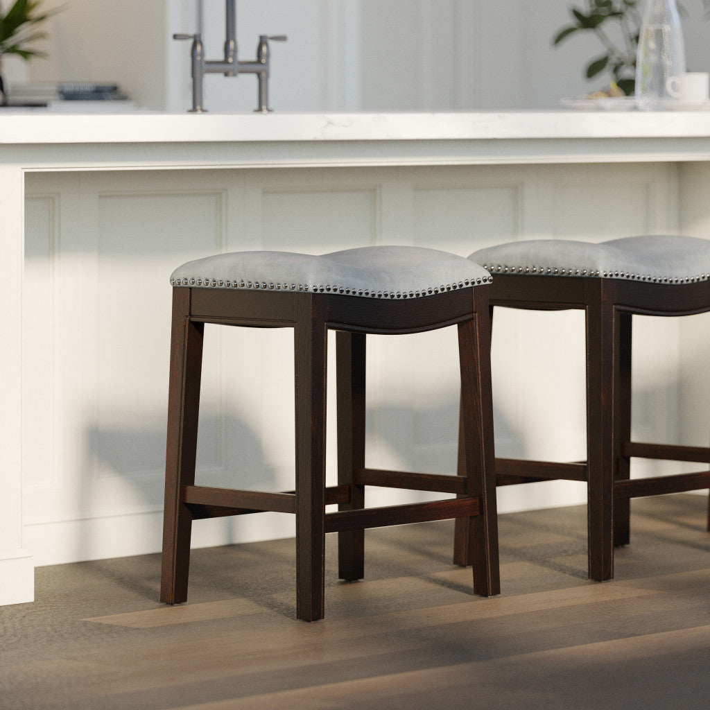 26" Gray and Espresso Faux Leather and Solid Wood Backless Counter Height Bar Chair Default Title