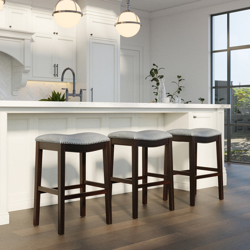 31" Gray and Espresso Faux Leather and Solid Wood Backless Bar Height Bar Chair