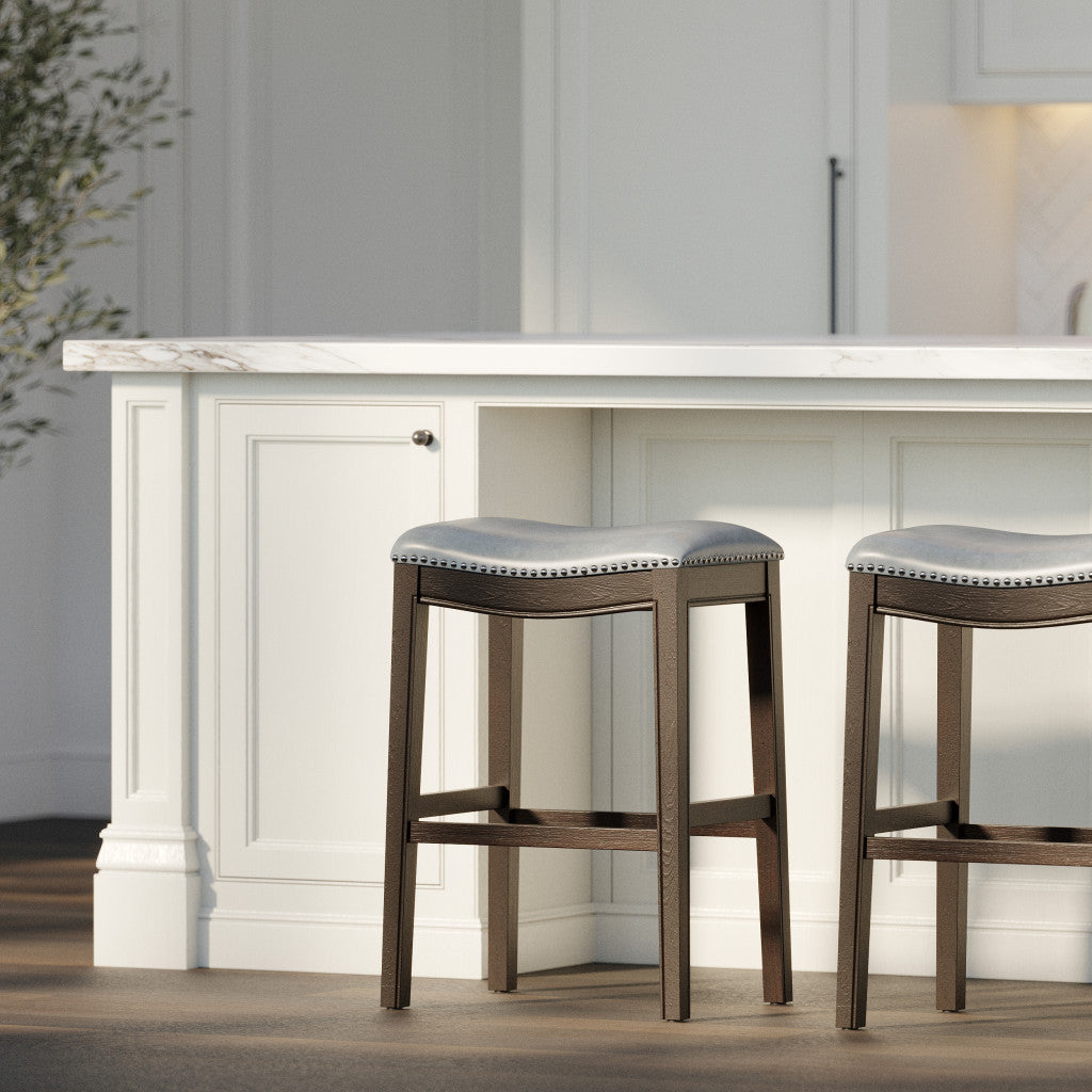 31" Gray and Espresso Faux Leather and Solid Wood Backless Bar Height Bar Chair