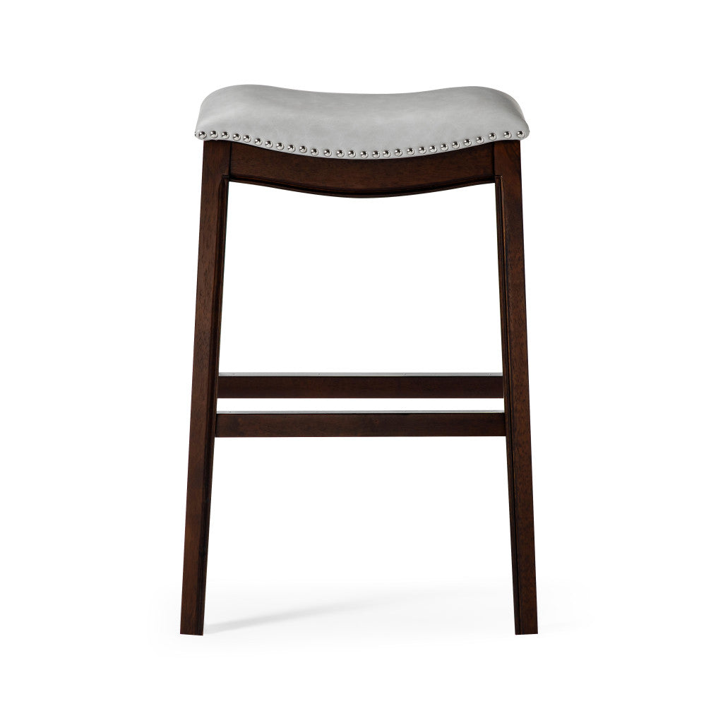 31" Gray and Espresso Faux Leather and Solid Wood Backless Bar Height Bar Chair