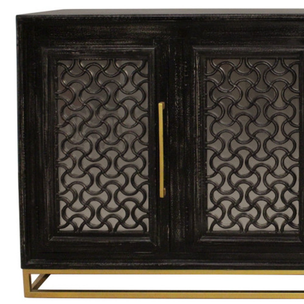 76" Black Distressed Solid Wood Carved Geometric Sideboard with Four Doors Default Title