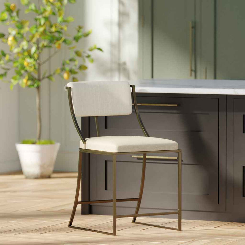 25" Beige And Antiqued Brass Steel Low Back Counter Height Bar Chair