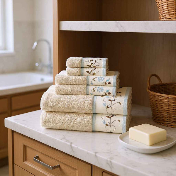 Set of Six Cream Cotton Jacquard Towel Set