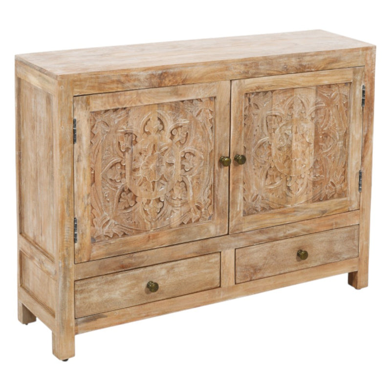 Distressed wood sideboard featuring carved floral door panels and two drawer fronts
