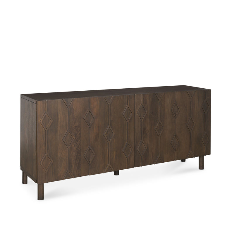 71" Dark Brown Solid Wood Carved Geometric Sideboard Soft Close with Four Doors - Kitchen & Dining