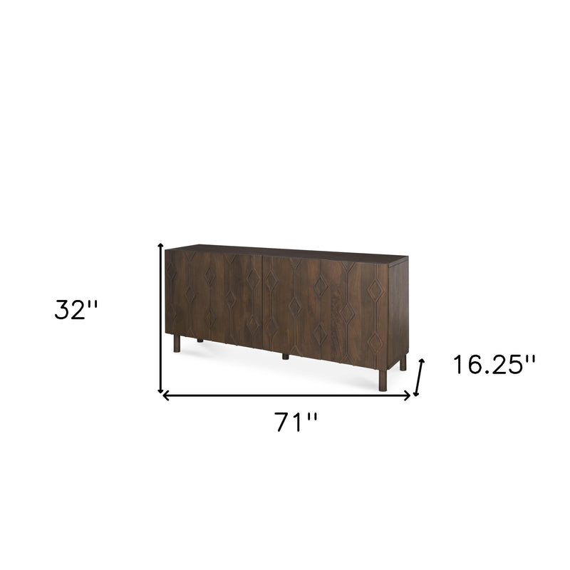 71" Dark Brown Solid Wood Carved Geometric Sideboard Soft Close with Four Doors - Kitchen & Dining