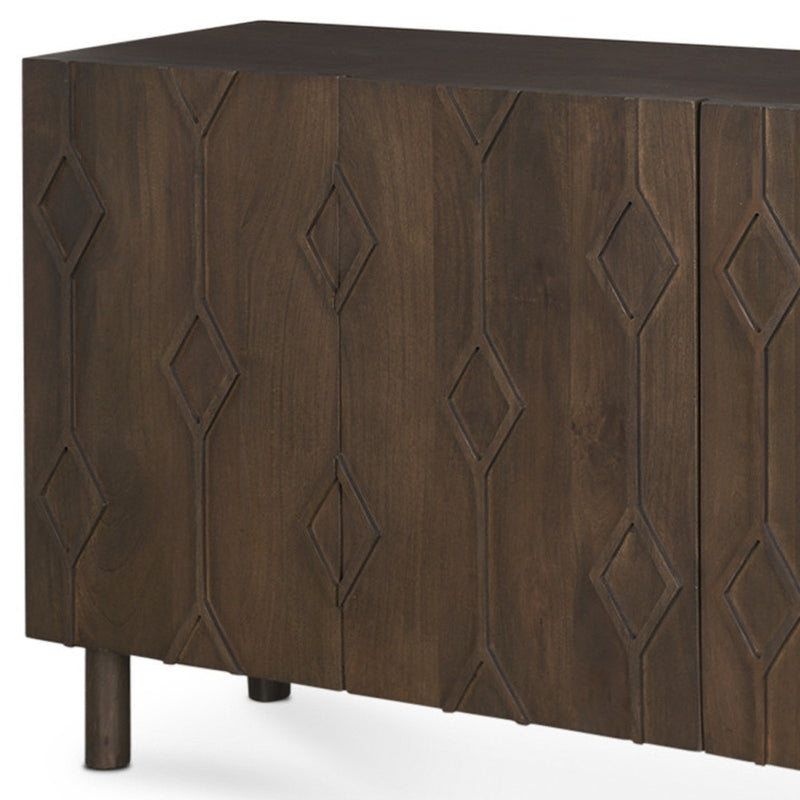 71" Dark Brown Solid Wood Carved Geometric Sideboard Soft Close with Four Doors - Kitchen & Dining
