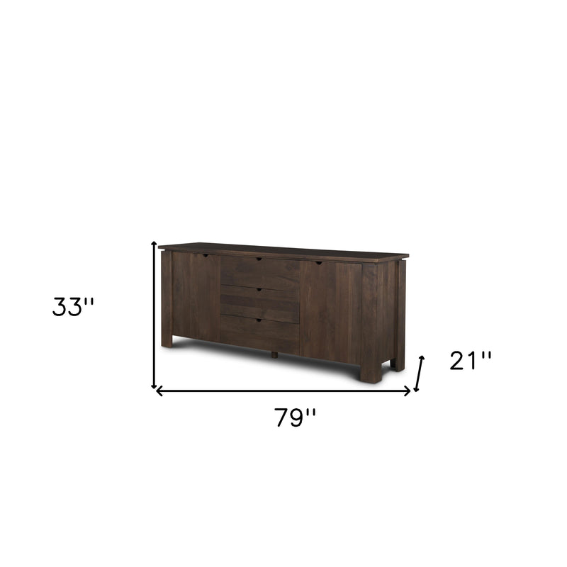 79" Brown Solid Wood Three Drawer Sideboard Soft Close with Two Doors - Kitchen & Dining