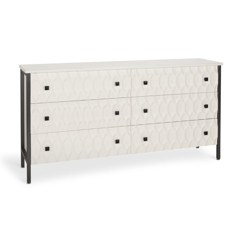 63" Gray And White Wood Carved Geometric Six Drawer Sideboard - Kitchen & Dining