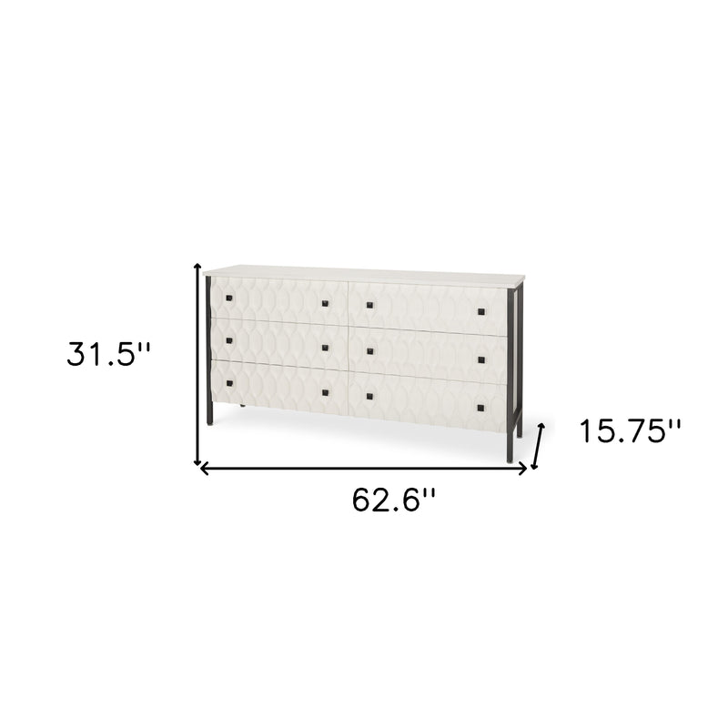 63" Gray And White Wood Carved Geometric Six Drawer Sideboard - Kitchen & Dining