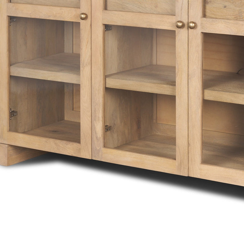 80" Light Brown Solid Wood Three Drawer Sideboard Soft Close with Four Glass Doors - Kitchen & Dining