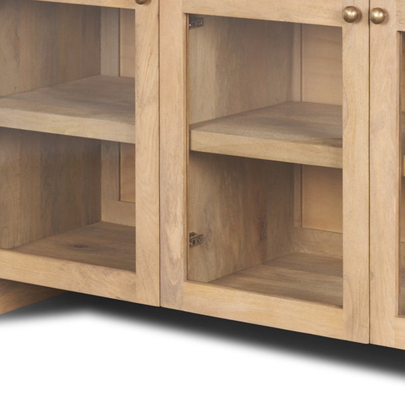 80" Light Brown Solid Wood Three Drawer Sideboard Soft Close with Four Glass Doors - Kitchen & Dining