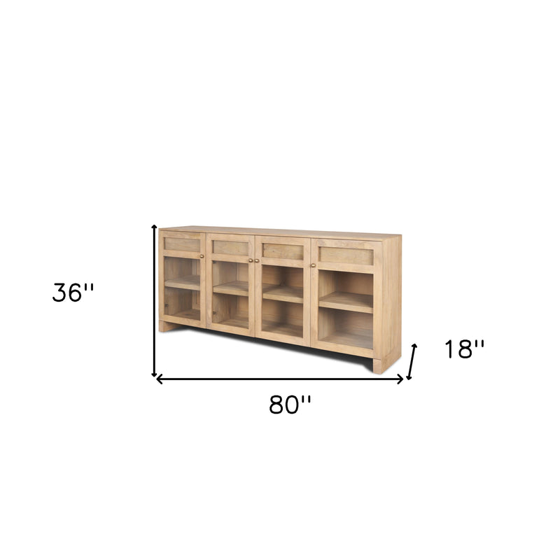 80" Light Brown Solid Wood Three Drawer Sideboard Soft Close with Four Glass Doors - Kitchen & Dining