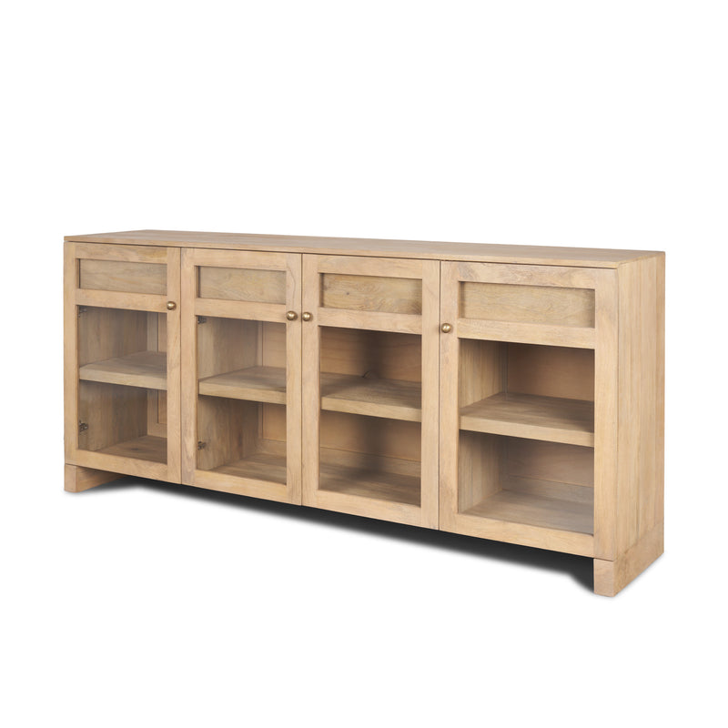 80" Light Brown Solid Wood Three Drawer Sideboard Soft Close with Four Glass Doors - Kitchen & Dining