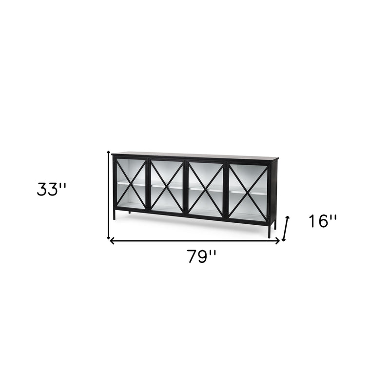 79" Black And White Iron Sideboard Soft Close with Four Glass Doors - Kitchen & Dining
