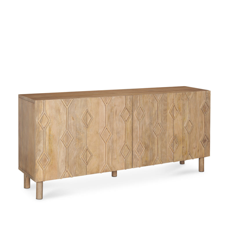 71" Light Brown Solid Wood Carved Geometric Sideboard Soft Close with Four Doors - Kitchen & Dining