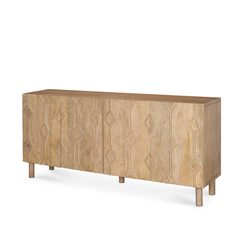71" Light Brown Solid Wood Carved Geometric Sideboard Soft Close with Four Doors - Kitchen & Dining
