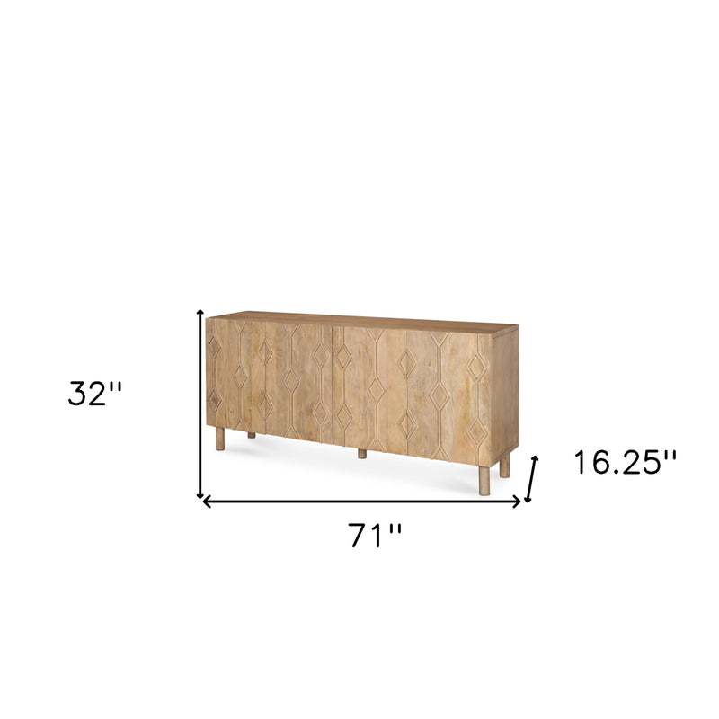 71" Light Brown Solid Wood Carved Geometric Sideboard Soft Close with Four Doors - Kitchen & Dining