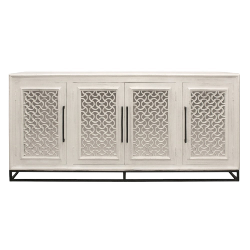 76" Antiqued White Distressed Solid Wood Carved Geometric Sideboard with Four Doors