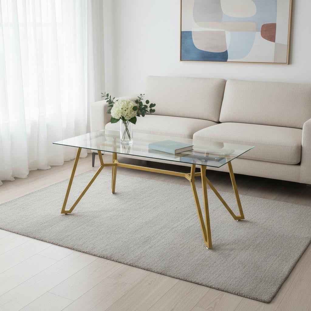 71" White and Gold Glass and Steel Trestle Coffee Table
