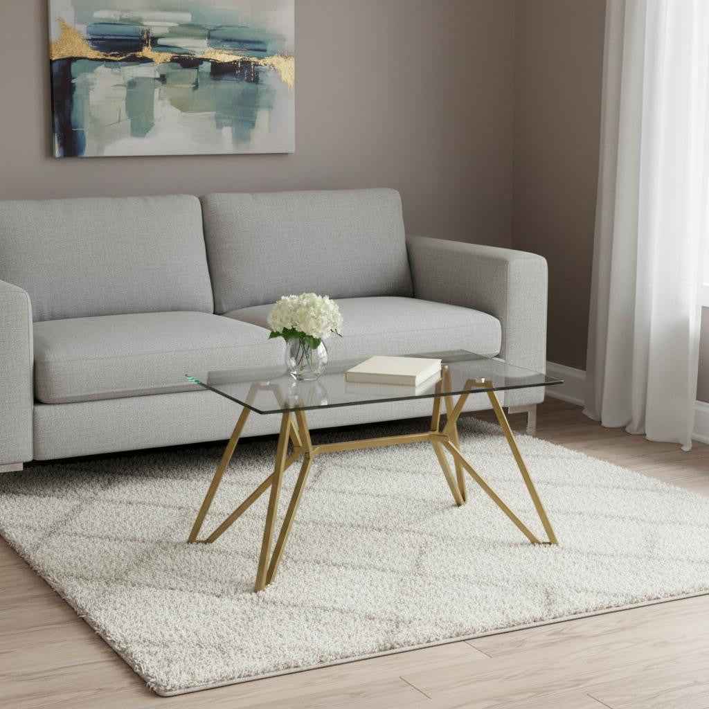 47" White and Gold Glass and Steel Trestle Coffee Table