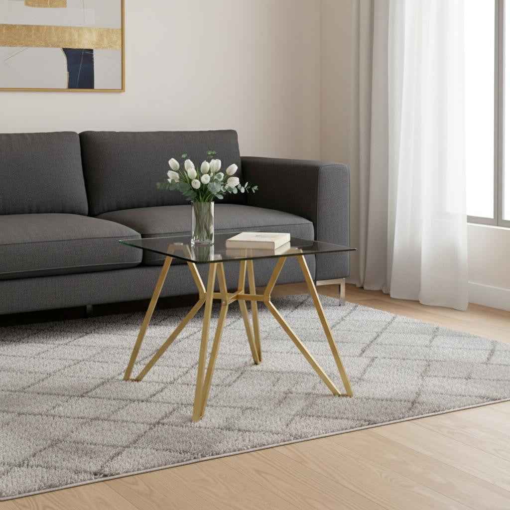 35" White and Gold Glass and Steel Square Trestle Coffee Table