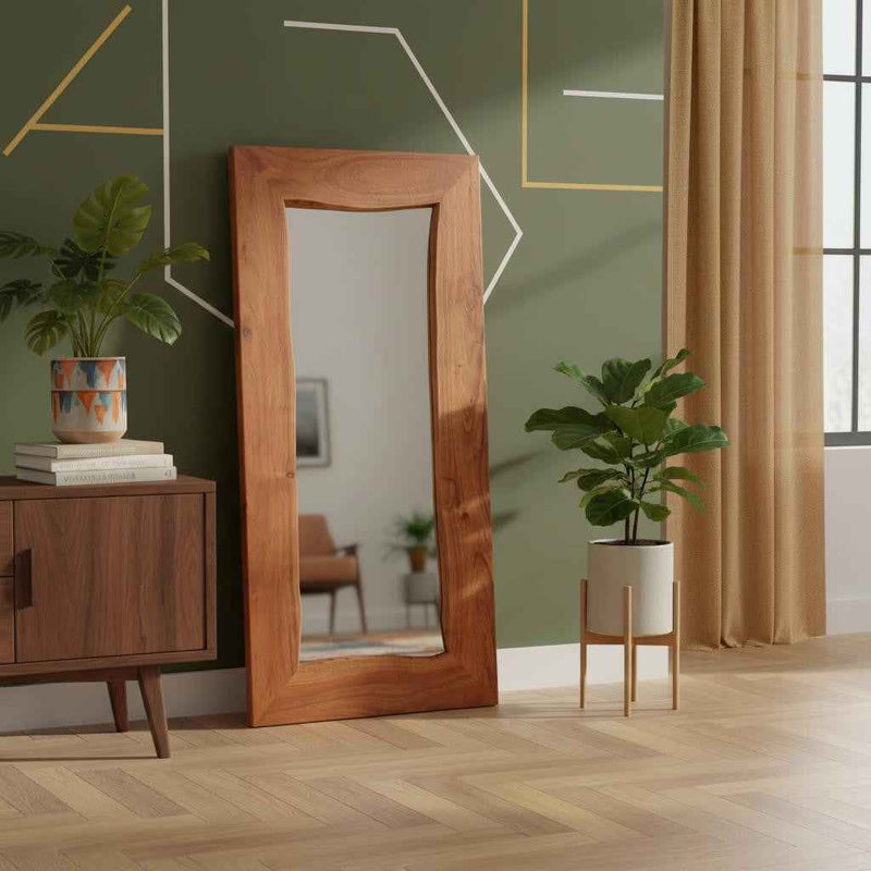 24" Brown Solid Wood Freestanding and Wall Mount Accent Mirror