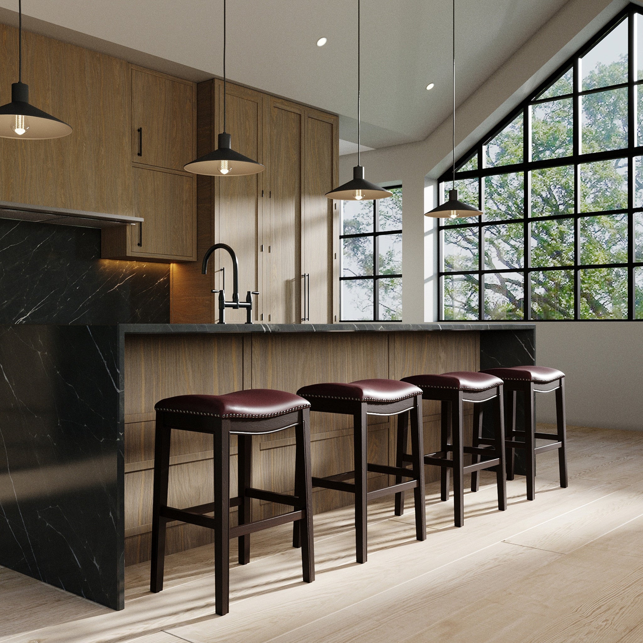 31" Dark Red and Espresso Solid Wood Backless Bar Chair