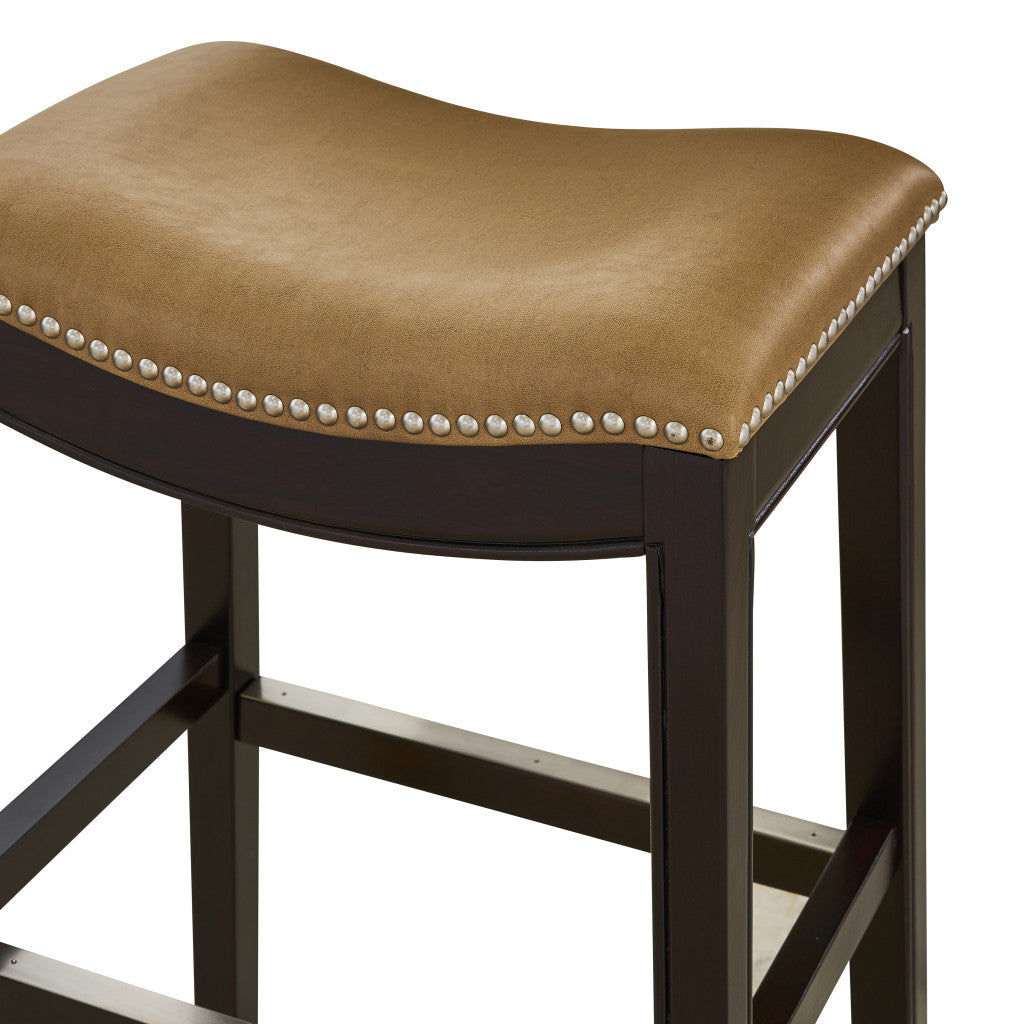 26" Tan And Espresso Solid Wood Backless Bar Height Bar Chair - Living Room