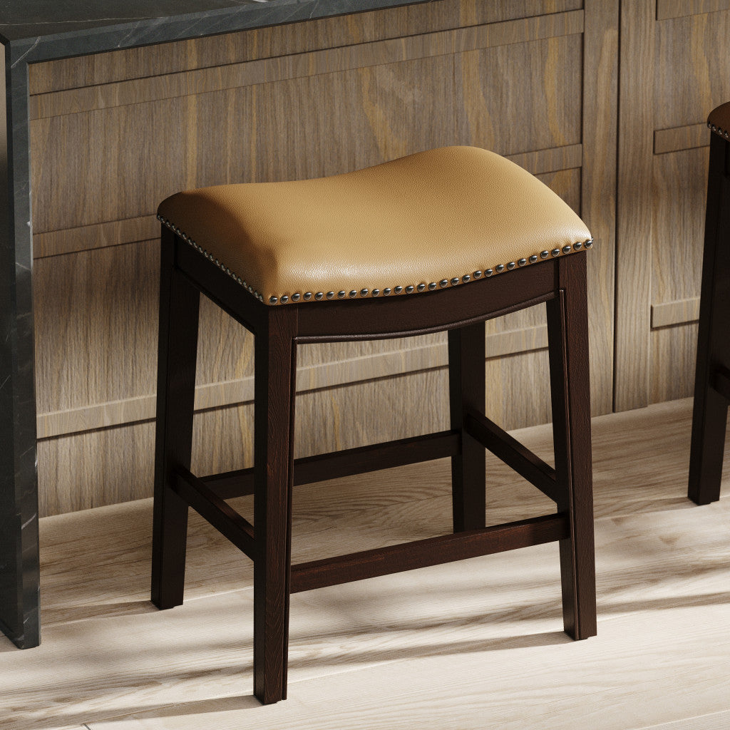 26" Tan And Espresso Solid Wood Backless Bar Height Bar Chair - Living Room